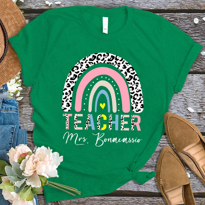 Personalized T-Shirt For Teacher Colorful Leopard Rainbow Design Cute Heart Print Custom Name Back To School Outfit