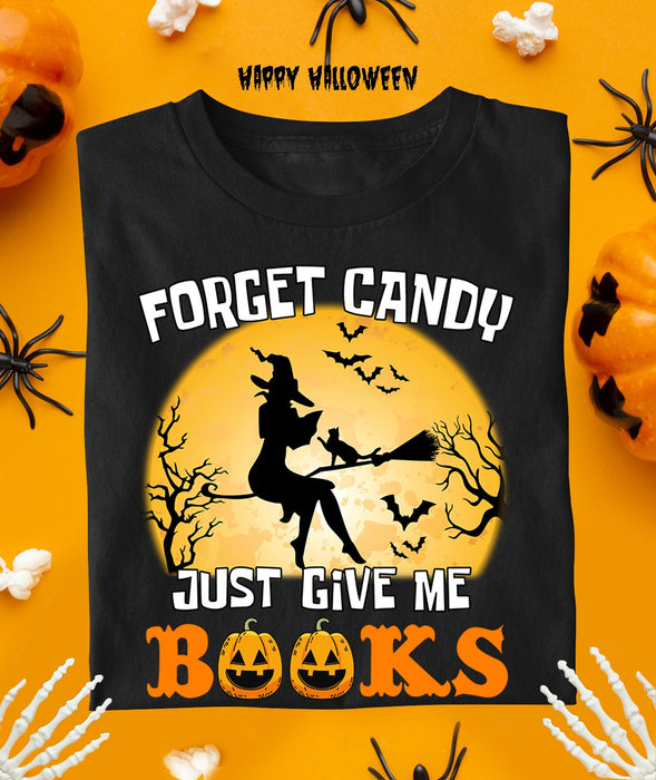 Classic T-Shirt For Reading Lovers Forget Candy Just Give Me Books Moon Design With Witch & Black Cat Halloween Shirt