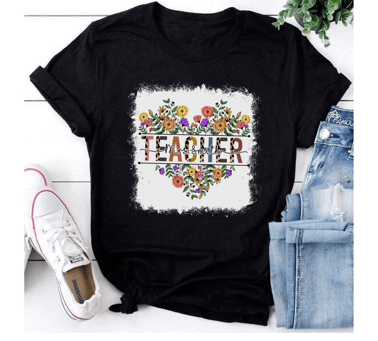 Personalized T-Shirt For Teachers Colorful Leopard & Flower Print Heart Design Custom Name Back To School Outfit