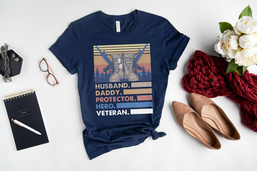 Classic T-Shirt For Men Husband Daddy Protector Hero Veteran Army Shoes And Gun Printed Retro Vintage Shirt