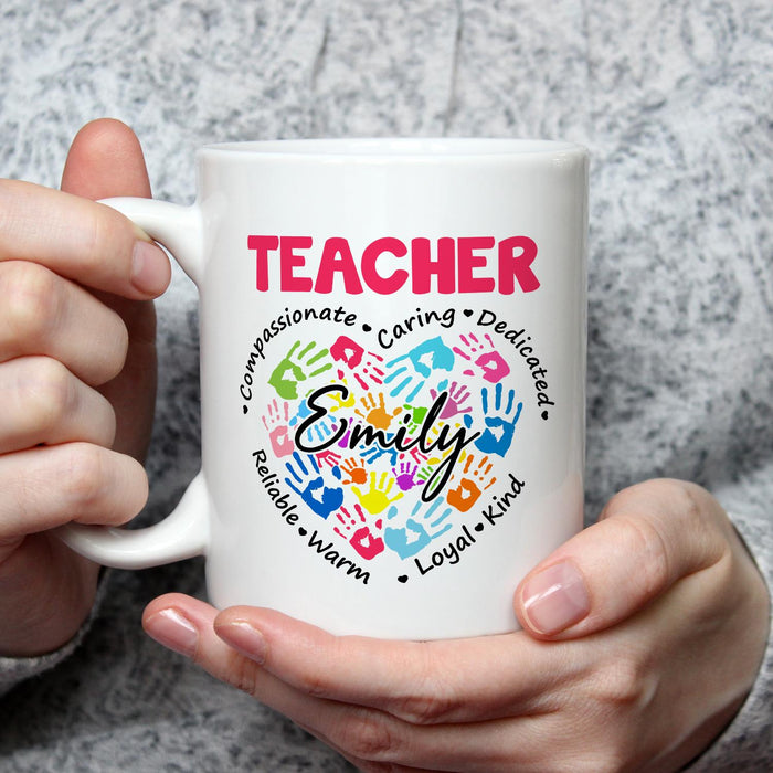 Personalized Ceramic Coffee Mug For Teachers Colorful Handprint Design Custom Name 11 15oz Back To School Cup