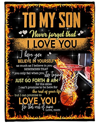 Personalized Basketball Fleece Blanket To My Son Sports Lovers 3D Basketball In Fire Print Custom Name Blanket