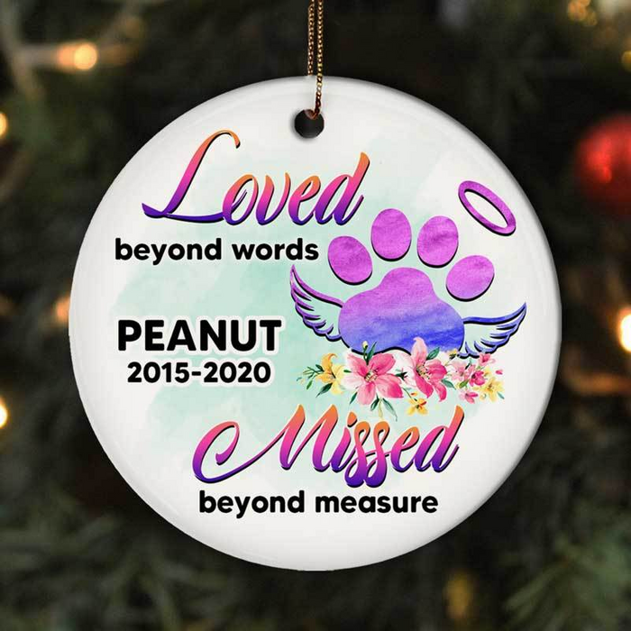 Personalized Memorial Ornament For Dog In Heaven Love Beyond Words Paw With Angel Wings Printed Custom Dog's Name & Year
