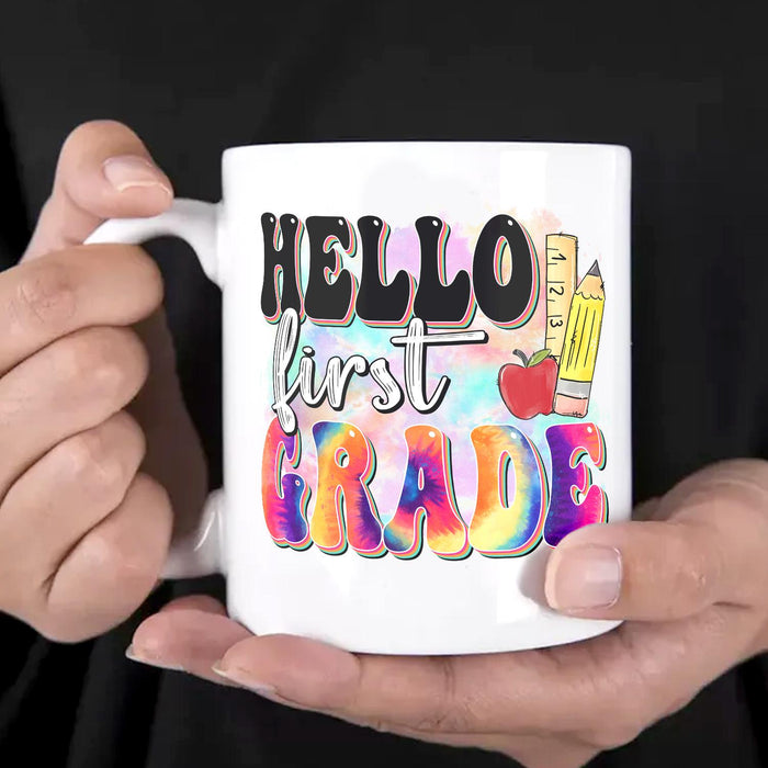 Personalized Ceramic Coffee Mug Hello First Grade Tie Dye Design Custom Grade Level 11 15oz Back To School Cup