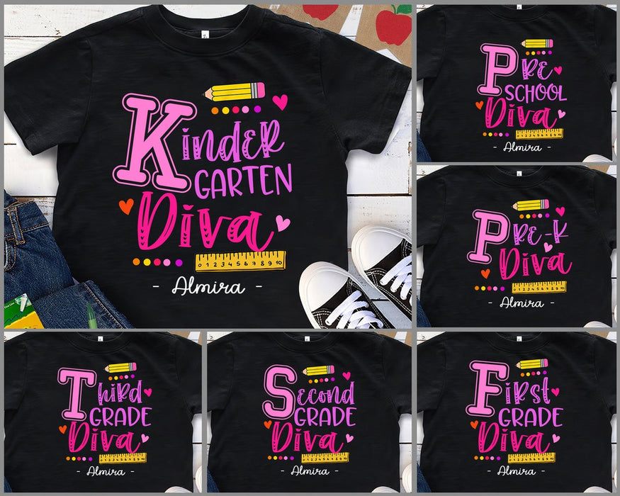 Personalized T-Shirt For Kids Kindergarten Diva Custom Name & Grade Level Pink Words Design Back To School Outfit