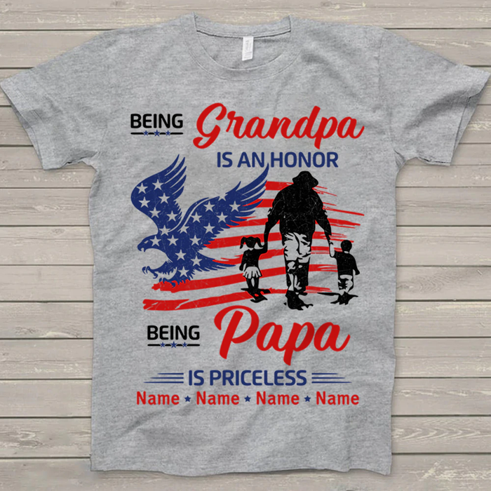 Personalized T-Shirt For Grandpa Papa America Flag Eagle Design Custom Grandkids Name Independence Day Shirt