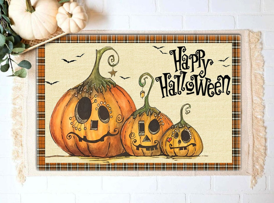 Welcome Doormat Happy Halloween Cute Pumpkin With Funny Emotion Bat Printed Plaid Design Pumpkin Face Doormat