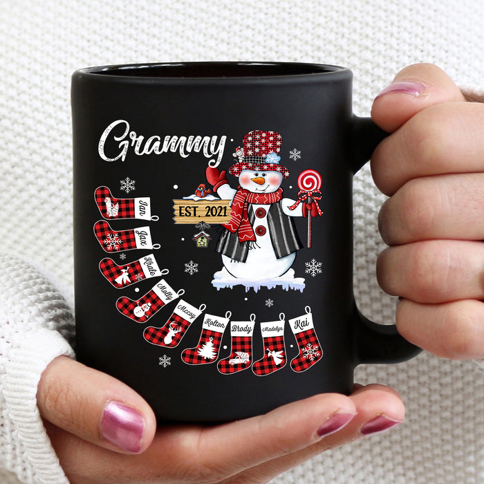 Personalized Coffee Mug Gifts For Grandma Grammy Red Plaid Snowman Stocking Custom Grandkids Name Christmas Black Cup