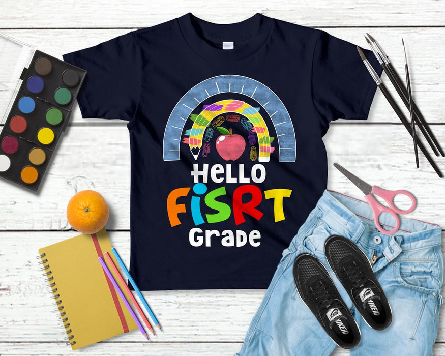 Personalized T-Shirt For Kids Hello First Grade Rainbow Apple Printed Custom Grade Level Back To School Outfit