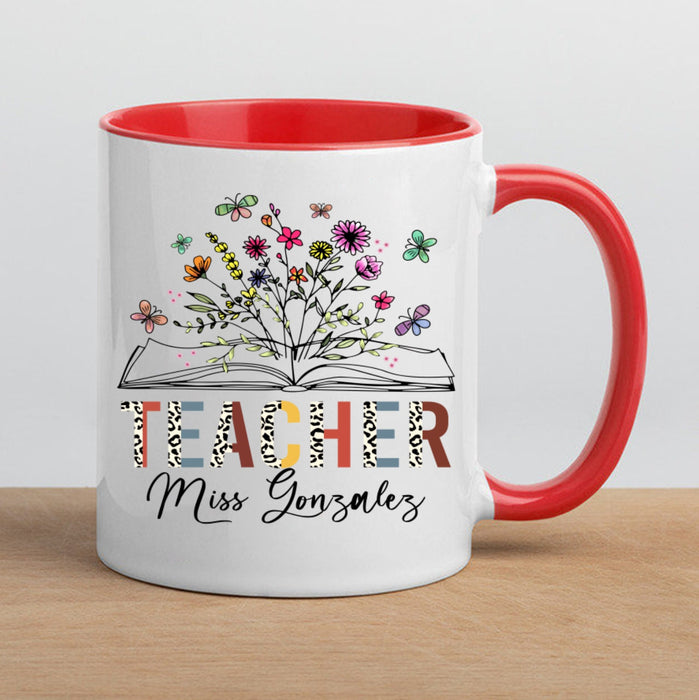 Personalized Coffee Mug For Teacher Flower Book Butterflies Custom Name Ceramic Cup Gifts For Back To School