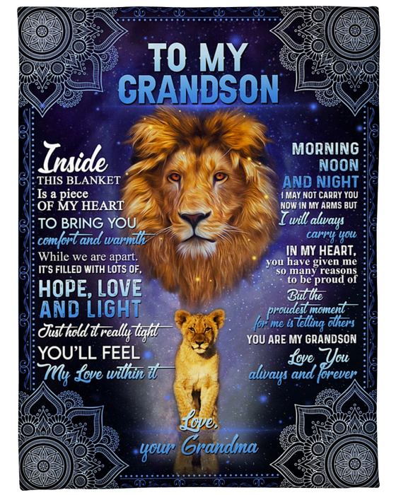 Personalized To My Grandson Blanket From Grandma Inside This Blanket Is A Piece Of My Heart Old Lion & Baby Lion Printed