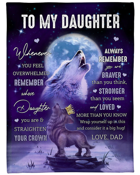 Personalized Blanket To My Daughter From Dad Vintage Design Howling Wolf Under The Moon With Crown Print Custom Name