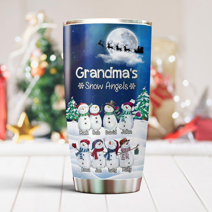 Personalized Tumbler Gifts For Grandma Cute Snowmen Grandma's Snow Angels Custom Grandkids Name Travel Cup For Christmas