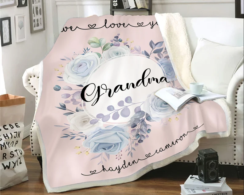 Personalized To My Grandma From Grandkids We Love You Rose Wreath Printed Blanket Custom Kids Name & Grandma Nickname