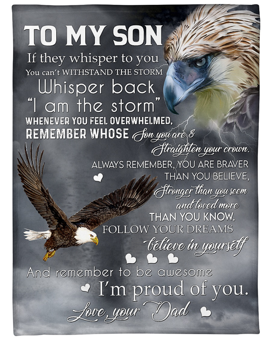 Personalized To My Son Love From Mom Eagle Fleece Sherpa Woven Blanket I Am Proud Of You Eagle Flying In The Storm Print