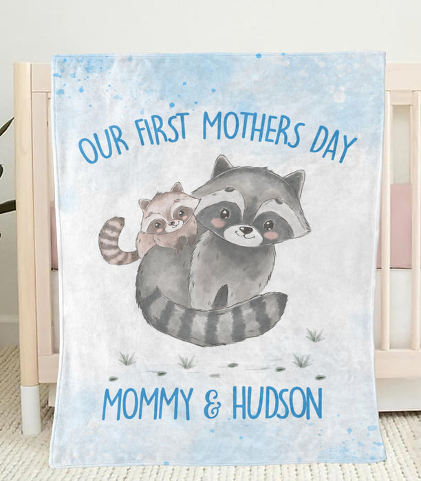 Personalized Premium Blue Blanket For New Mom Our First Mother'S Day Mommy & Son Cute Raccoon Printed Custom Name