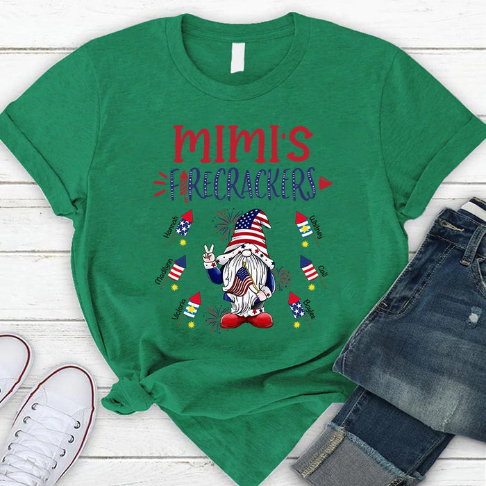 Personalized T-Shirt For Grandma Mimi's Firecrackers USA Flag Design Custom Grandkids Name Independence Day Shirt