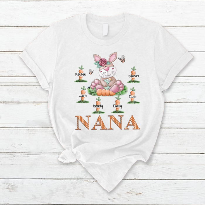 Personalized T-Shirt For Grandma Nana Bunny Flower & Carrot Printed Custom Grandkids Name Happy Easter Day Shirt