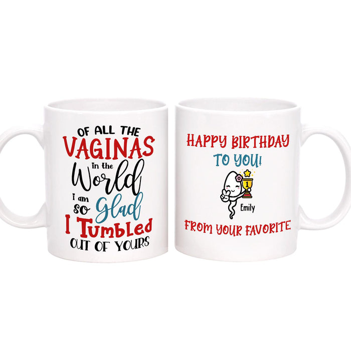 Personalized Ceramic Coffee Mug Happy Birthday For Mom So Glad I Tumbled Funny Sperm Custom Name 11 15oz Cup
