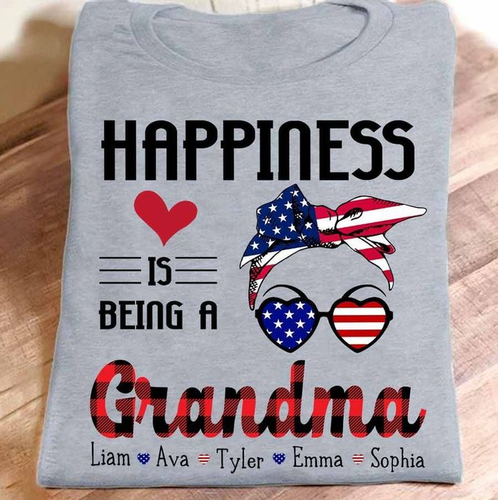 Personalized T-Shirt For Grandma Sunglasses & Headband With USA Flag Style Custom Grandkids Name 4th July Day Shirt