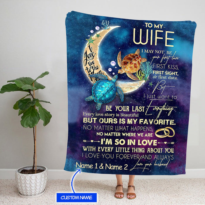 Personalized Romantic Blanket To My Wife For Valentines Sea Turtle Couple & Moon Prints Blankets Custom Name