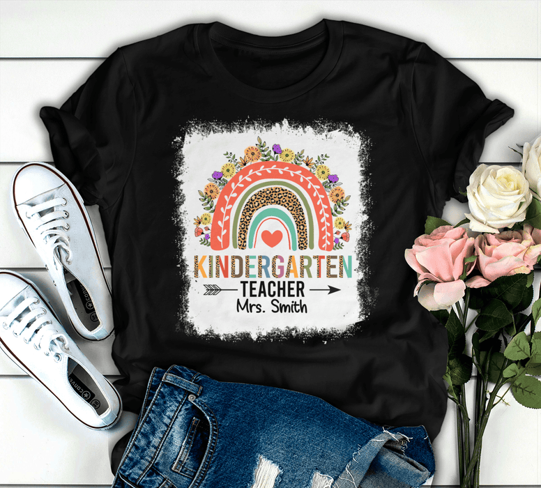 Personalized T-Shirt For Teachers Kindergarten Colorful Leopard & Flower Design Custom Name Back To School Outfit