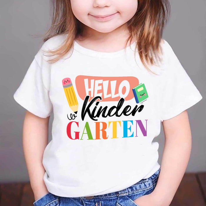 Personalized T-Shirt For Kids Hello Kindergarten Colorful Pencil Design Custom Grade Level Back To School Outfit