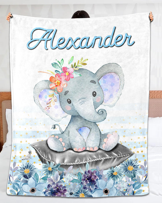 Personalized Baby Blanket For Son Cute Elephant Sitting On The Pillow & Blue Flower Printed Custom Name