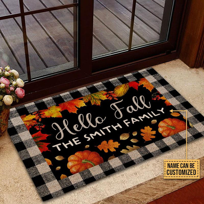 Personalized Welcome Doormat Hello Fall Cute Pumpkin And Maple Leaves Printed Plaid Design Custom Family Name