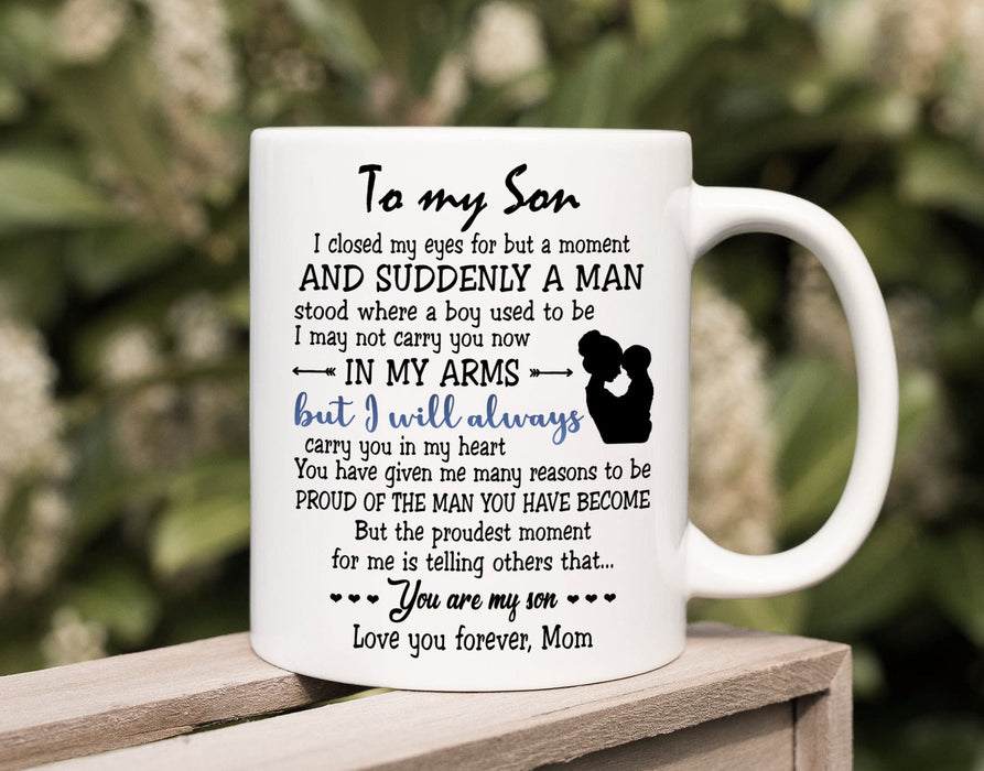 Personalized To My Son Coffee Mug From Mom Hugging Carry You In My Heart Custom Name Funny Cup Gifts For Birthday