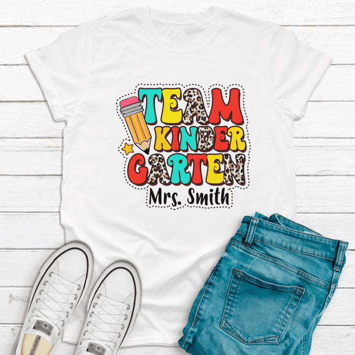 Personalized T-Shirt For Teacher Leopard Pencil Team Kindergarten Custom Name Grade Level Shirt Gifts For Back To School
