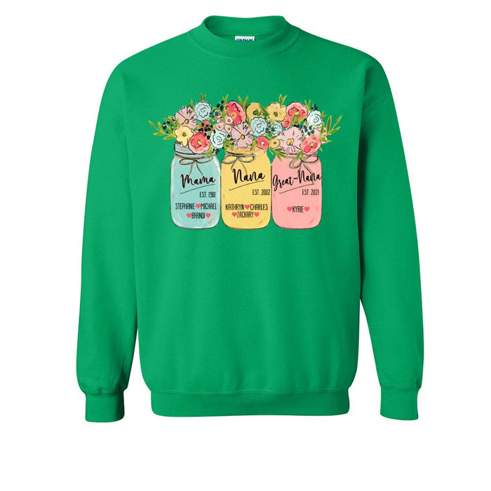 Personalized Sweatshirt For Grandma From Grandkids Mama Nana Greatnana Flowers Jar Custom Name Shirt Gifts For Christmas