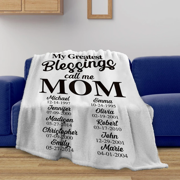 Personalized Fleece Blanket For Mother From Kids My Greatest Blessings Call Me Mom Custom Kids' Name & Birthday