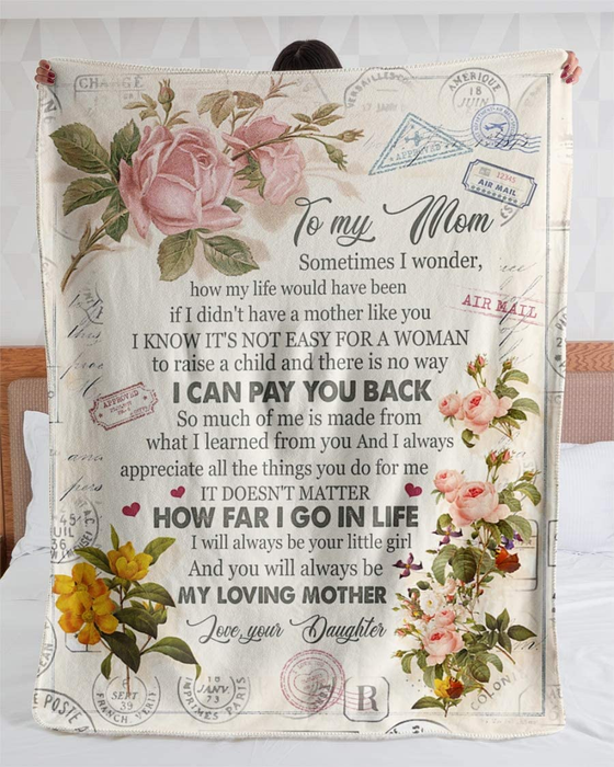 Personalized Vintage Letter Fleece Blanket To My Mom Rustic Floral & Love Airmail Design Print Custom Name Throws
