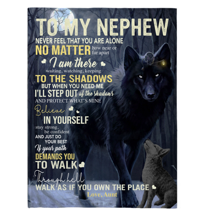 Aunt Fleece Blanket Message To My Nephew Protect Nephew Wolf Blanket Black Wolf Moon Night Forest Quote Art Family Blanket Customized for Christmas Birthday Thanksgiving