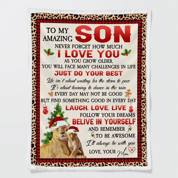 Personalized Blanket To My Son From Mom Never Forget That How Much I Love You Old Lion & Baby Printed Xmas Design