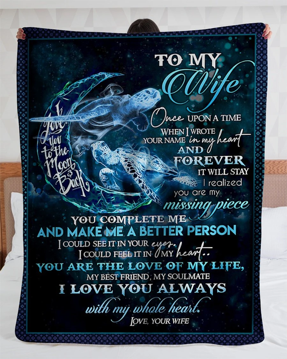 Personalized Fleece Blanket To My Wife From Husband Romantic Sea Turtle Couple & Moon Print Custom Name Throws