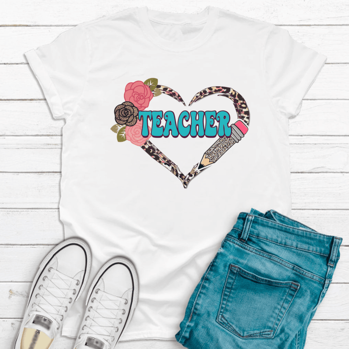Personalized T-Shirt For Teacher Leopard Heart With Pencil Flowers Custom Title Shirt Gifts For Back To School