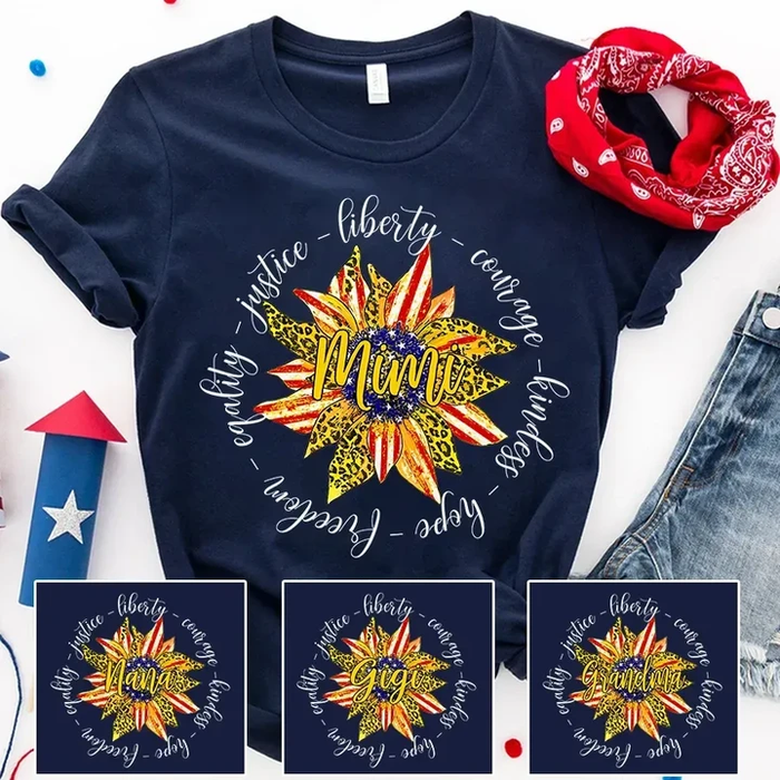 Personalized T-Shirt For Grandma Sunflower With Leopard & USA Flag Design Custom Grandkids Name 4th July Day Shirt