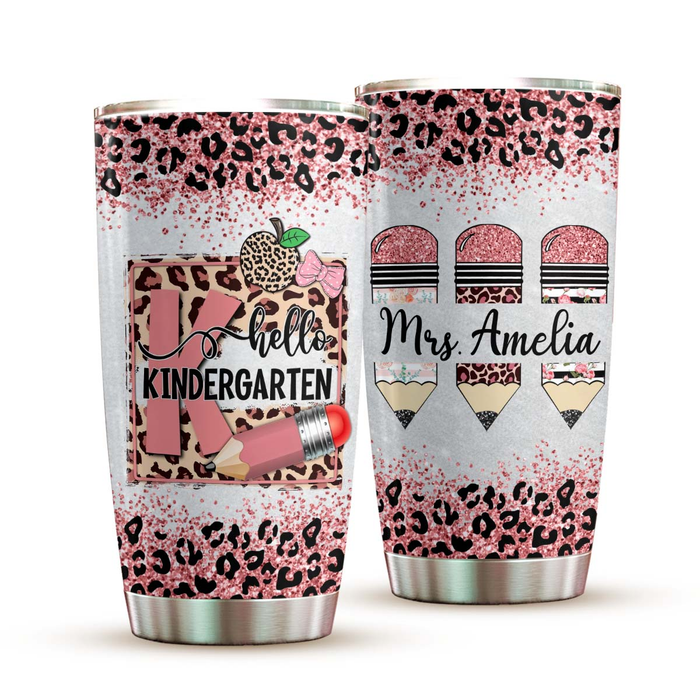 Personalized Tumbler For Teacher Hello Kindergarten Leopard Pencil Apple Custom Name Travel Cup Gifts For Back To School