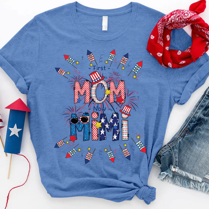Personalized T-Shirt For Grandma First Mom Now Mimi USA Flag Design Custom Grandkids Name 4th Of July Shirt