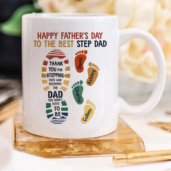 Personalized Ceramic Coffee Mug For Step Dad Vintage Footprint Design Custom Kids Name 11 15oz Father's Day Cup