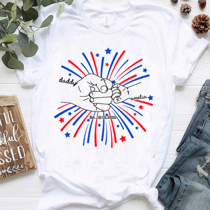 Personalized T-Shirt For New Dad Firework & Fist Bump Print USA Flag Design Custom Grandkids Name 4th Of July Shirt