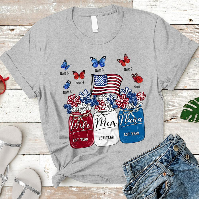 Personalized T-Shirt For Grandma Wife Mom Nana USA Flag Butterfly Design Custom Grandkids Name 4th July Day Shirt