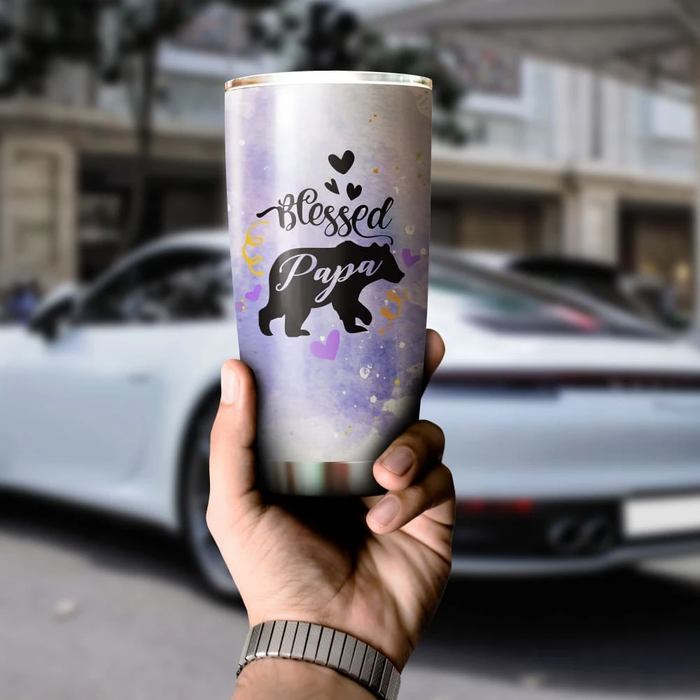 Personalized Tumbler For Grandpa From Grandchild Blessed Papa Bear Purple Theme Custom Name Travel Cup Birthday Gifts