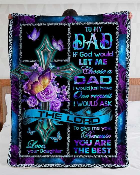 Personalized God Blanket To My Dad From Daughter Christ Cross And Purple Rose Butterfly Fleece Blanket Customized