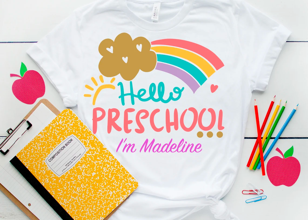 Personalized T-Shirt For Kid Hello Preschool Colorful Rainbow Sun & Cloud Print Custom Name Back To School Outfit