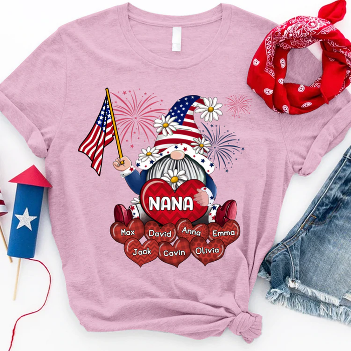 Personalized T-Shirt For Grandma Gnome Holds USA Flag Design Fireworks Custom Grandkids Name 4th Of July Shirt