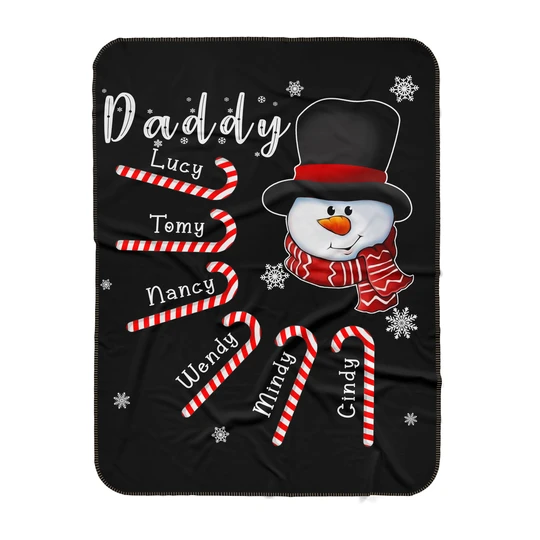 Personalized Blanket For Daddy Cute Snowman With Hat Candy Cane & Snowflakes Printed Custom Kids Name Fleece Blanket