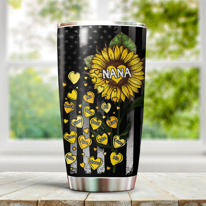 Personalized Tumbler Gifts For Grandma Sunflower Heart Star Usa Flag Custom Grandkids Name Travel Cup For Birthday